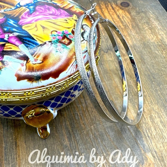 Maximalist extra long extra large silver statement hoop earrings - Picture 1 of 5